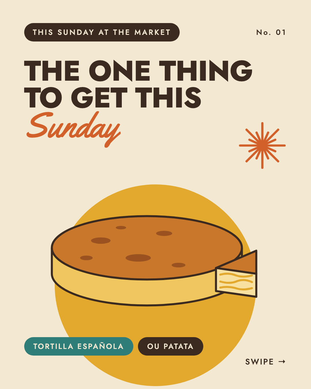 Illustration of a tortilla española with a slice cut, on a mustard plate